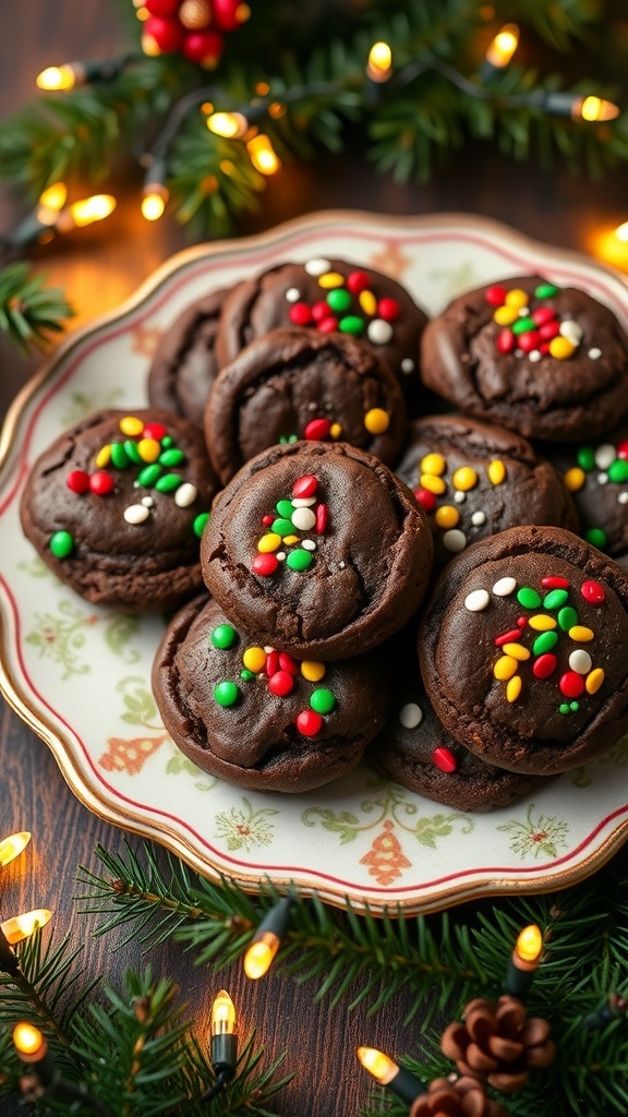 A plate of chocolate brownie cookies decorated with holiday sprinkles, set against a festive background.